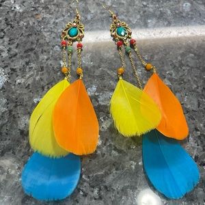 2/$25 or 3/$35 NWOT Colorful jeweled and feathered long drop earrings